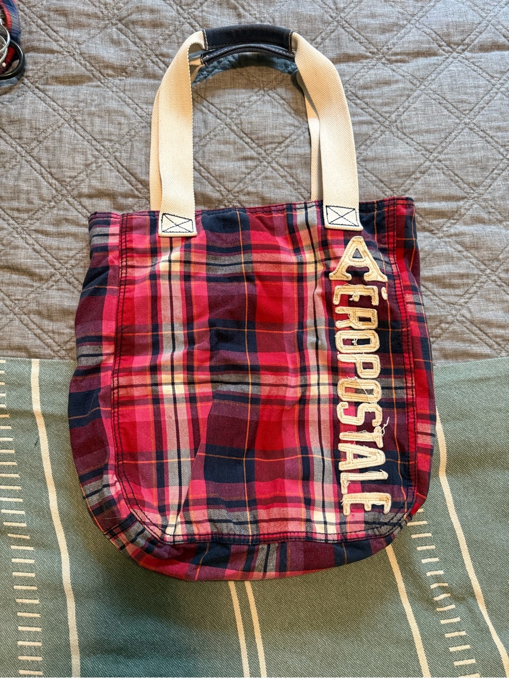 Aeropostale Pink and Navy Plaid Canvas Tote with Cream Straps